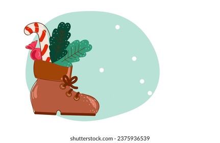 Old hiking boots filled with sweets. Saint Nicholas day banner. Sinterklaas Dutch holiday set icon. gift boxes, carrot, candies,  cookies, chocolate and shoe. Cartoon vector illustration.