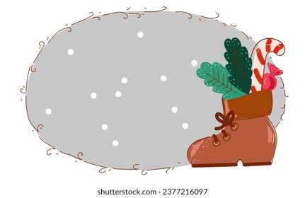 Old hiking boots filled with sweets. Saint Nicholas day banner. Sinterklaas Dutch holiday. Cartoon vector illustration.