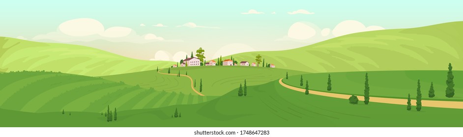 Old hilltop village flat color vector illustration. Luxury villas 2D cartoon landscape with green hills on background. Summer vacation destination. Calm rural area scenery. Small Italian town view