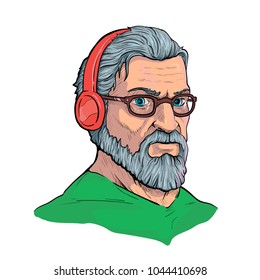 the old hipster in headphones is listening to music. Vector Illustration in Ink style. illustration can be used as a print on T-shirt, music expert