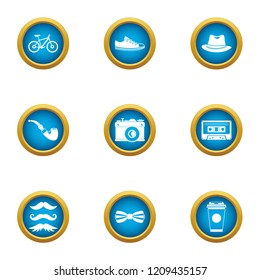 Old hipster icons set. Flat set of 9 old hipster vector icons for web isolated on white background
