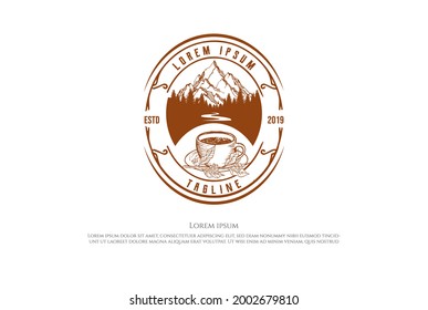 Old Hipster Mountain Pine Forest with River Creek and Coffee Cup Badge Emblem Label Logo Design Vector