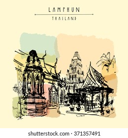 Old historic Buddhist temple in Lamphun, Thailand. Hand drawn artistic postcard in vector