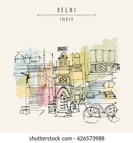 Old historic building and a cart in Main Bazar, Paharganj, Delhi, India. Hand drawn cityscape sketch. Travel art. Vintage artistic postcard template. Vector illustration