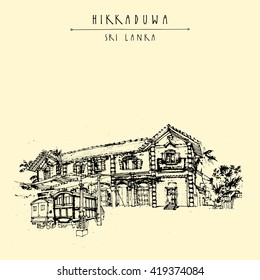 Old historic building and trucks in Hikkaduwa, Sri Lanka, Asia. Travel sketch. Hand-drawn vintage book illustration, touristic postcard or poster template in vector
