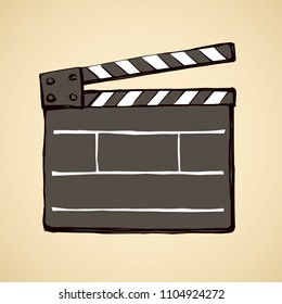 Old historic open striped start show flick take device on white backdrop. Dark color ink hand drawn big clapperboard logo sign sketch in artistic vintage doodle style. Closeup view with space for text