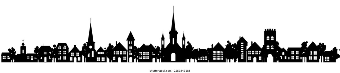 Old historic town silhouette skyline. Vector abstact flat row of houses, churches, buildings with trees, parks and gardens heigbourhood. Rural countryside architecture