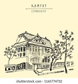 Old historical house in Kampot, Cambodia, Southeast Asia. French colonial town. Travel sketch. Vintage artistic hand drawn touristic postcard or poster. Vector illustration