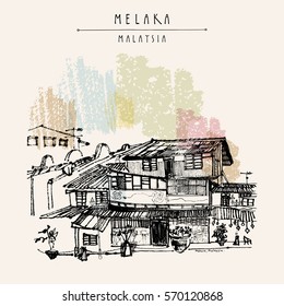 Old historical houses on the river in Melaka, Malaysia. Travel sketch. Vintage touristic hand drawn postcard, poster, book illustration in vector