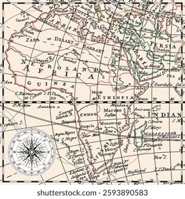 An old historical vintage map of the Africa with the names of continents, islands and oceans, and the routes of navigators.