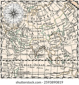 An old historical vintage map of the Asian part of Eurasia with the names of continents, islands and oceans, and the routes of navigators.