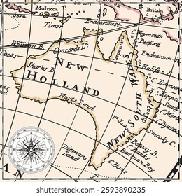 An old historical vintage map of the Australia with the names of continents, islands and oceans, and the routes of navigators.