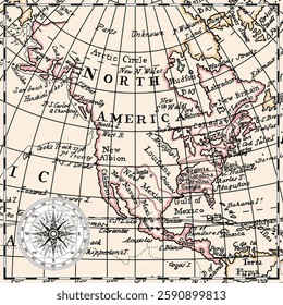 An old historical vintage map of the North America with the names of continents, islands and oceans, and the routes of navigators.