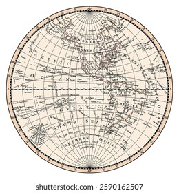 An old historical vintage map of the western hemisphere of the planet Earth with the names of continents, islands and oceans, and the routes of navigators.