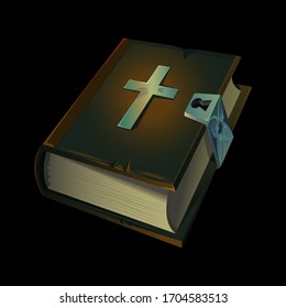 Old Holy Bible book icon with metal christian cross on it. Vector illustration for game design. Medieval age style game icon, item isolated on background.