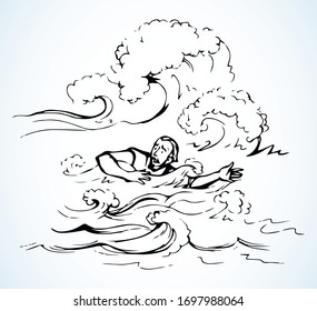 Old holy jew male Saul character dramatic death. Outline black hand drawn saint marine israeli nature die concept icon sign logo design. Retro biblic art doodle sketch line style white lake text space