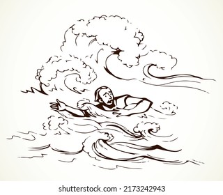 Old holy jew male Saul character dramatic death. Outline black hand drawn saint marine israeli nature die concept icon sign logo design. Retro biblic art doodle sketch line style white lake text space