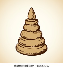 Old hoop cone puzzle model isolated on white backdrop. Freehand outline ink hand drawn icon sketch in art scribble retro style pen on paper. Closeup view with space for text
