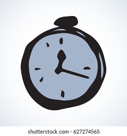 Old horologe ticker timekeeper ui emblem on white wall backdrop. Freehand linear black ink hand drawn picture logo sketchy in art retro scribble style pen on paper. Closeup view with space for text