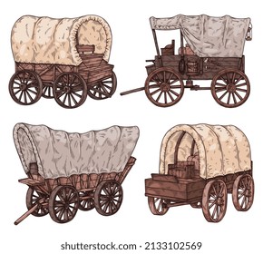 Old horse four-wheeled carriages or carts collection, hand drawn sketch vector illustration isolated on white background. Ancient horse travel transport for carriage.