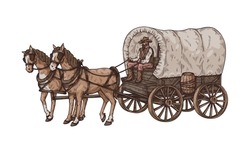 Old Horse-drawn Four-wheeled Carriage Or Wagon With Coachman, Hand Drawn Sketch Style Vector Illustration Isolated On White Background. Vintage Horse Cart.