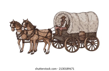 Old horse-drawn four-wheeled carriage or wagon with coachman, hand drawn sketch style vector illustration isolated on white background. Vintage horse cart.