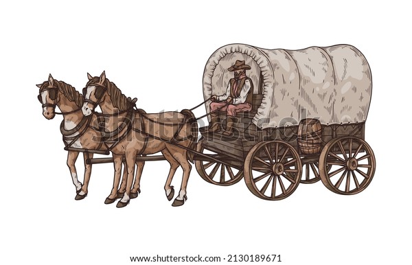 Old horse-drawn\
four-wheeled carriage or wagon with coachman, hand drawn sketch\
style vector illustration isolated on white background. Vintage\
horse cart.