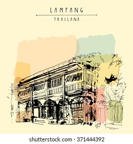 An old hotel building in Lampang, Northern Thailand. Hand drawn postcard