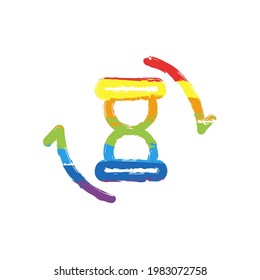 Old hourglass, simple wait icon. Drawing sign with LGBT style, seven colors of rainbow (red, orange, yellow, green, blue, indigo, violet