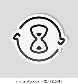 Old hourglass, simple wait icon. Linear sticker, white border and simple shadow on gray background