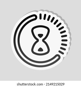 Old hourglass, simple wait icon. Linear sticker, white border and simple shadow on gray background