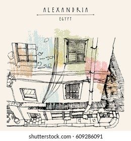 Old house in Alexandria, Egypt, North Africa. British colonial architecture. Hand-drawn vintage book illustration, postcard or poster template in vector