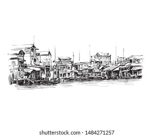 The old house along river in Vietnam, Hand draw sketch