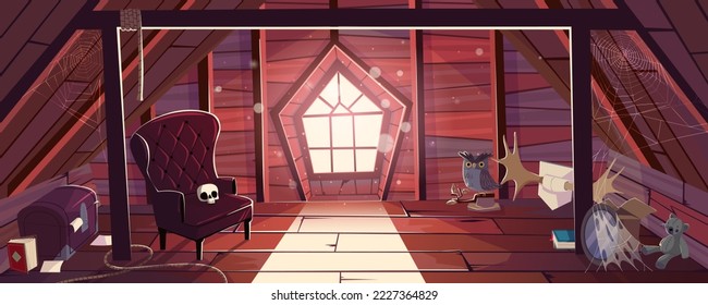 Old house attic with vintage furniture, toys and books. Wooden mansard room with window, spiderweb and flying dust. Garret interior with chair, chest, elk horns, vector cartoon illustration