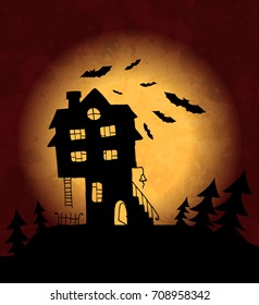 Old house in the background of the huge moon and flying bats. Halloween. Vector