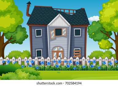 Old house with beautiful garden illustration