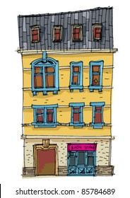 An old house with book store showcase at the ground floor.Cartoon. Caricature.