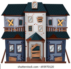 Old House With Broken Windows And Door Illustration