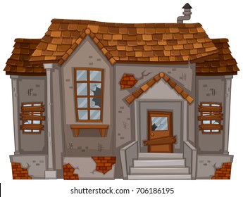 Old House With Broken Windows And Door Illustration