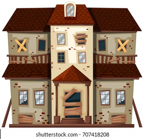 Old house with broken windows illustration