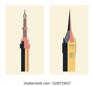 Old house building in gothic flat style. Tower, castle, church. Vector illustration set of a high thing building house with spire.