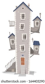 Old House Building/ Illustration of a cartoon old high thin building house with windows, little rooms on each side and stairs