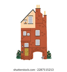 Old house building from red brick. English home exterior, facade in England city. Europe architecture, cozy construction with windows, door. Flat vector illustration isolated on white background svg