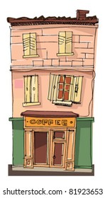 An old house with cafe showcase at the ground floor.Cartoon. Caricature