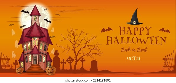 An old house with a cemetery decorated with pumpkin on Halloween night. Halloween banner design. Happy Halloween. Vector illustration