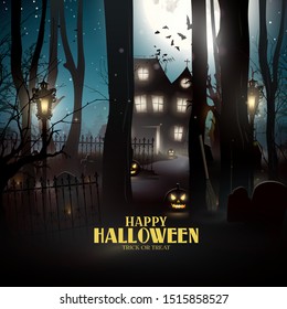 Old house and cemetery in a haunted forest at night. Halloween template