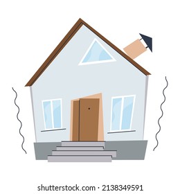 Una casa antigua con ventanas y puertas torcidas. Construcción de viviendas de mala calidad. Matrimonio en construcción. Ilustración vectorial plana. Eps10