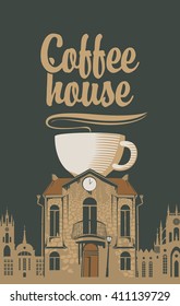 old house with a cup of coffee on the roof in the city