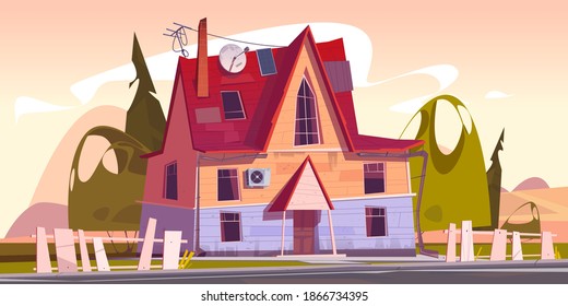 Old house, decrepit residential suburban cottage with rickety fence and satellite antenna on roof. Real estate countryside building exterior, two storey dwelling place. Cartoon vector illustration