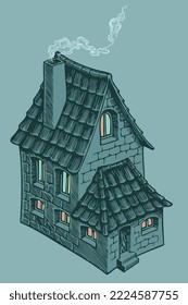 Old house in the evening. Editable hand drawn illustration. Vector vintage engraving. Isolated on color background. 8 eps